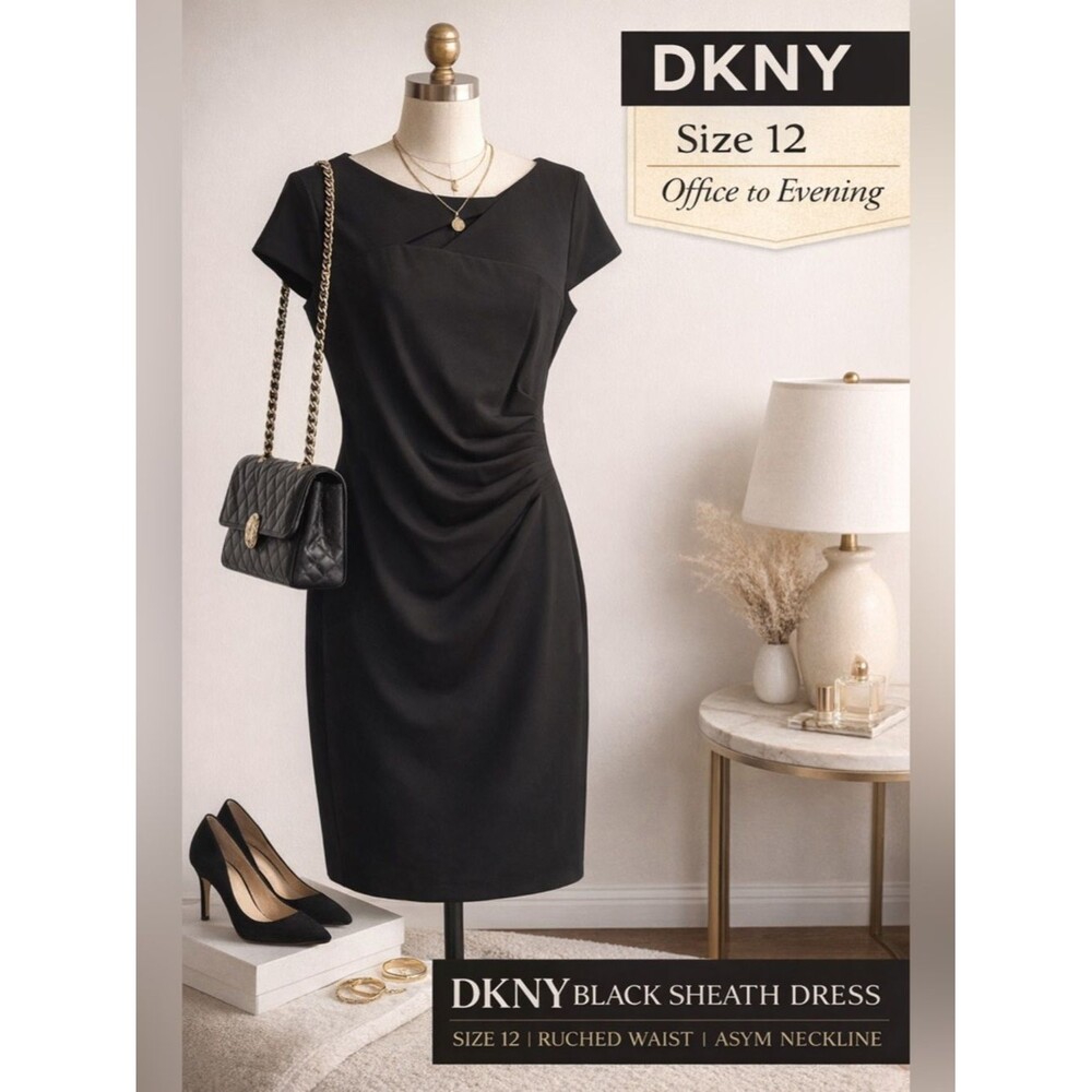 DKNY Black Sheath Sz 12 Side Ruched Asymmetrical Neck Work Cocktail